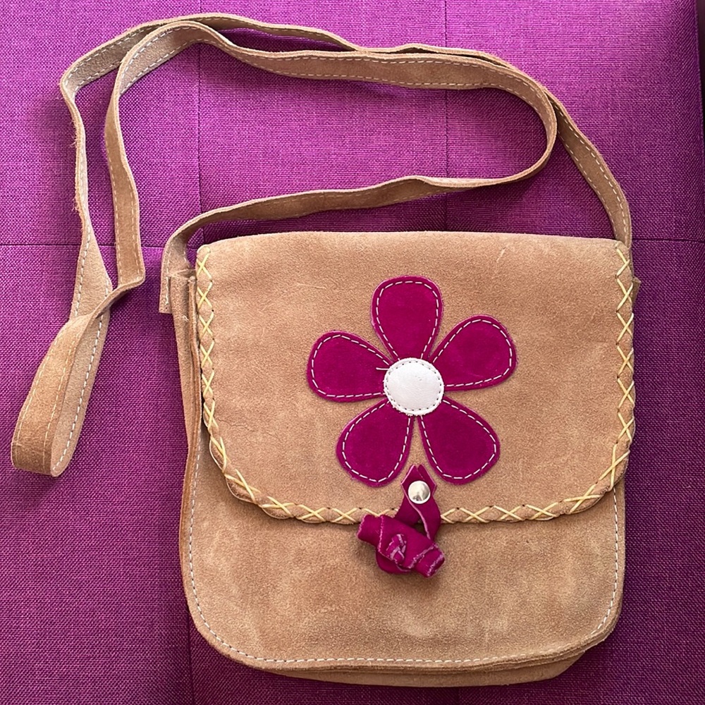 Handmade Suede Tan Bag with Magenta Flower